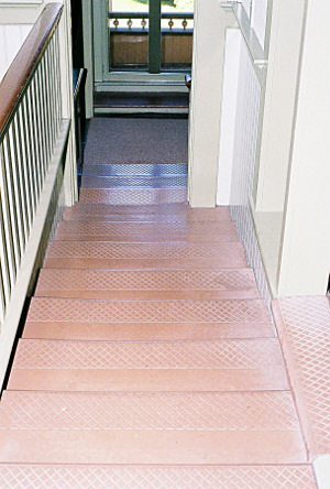 [Each stair has a drop of ony an inch or two even though the tread depth is the same.]